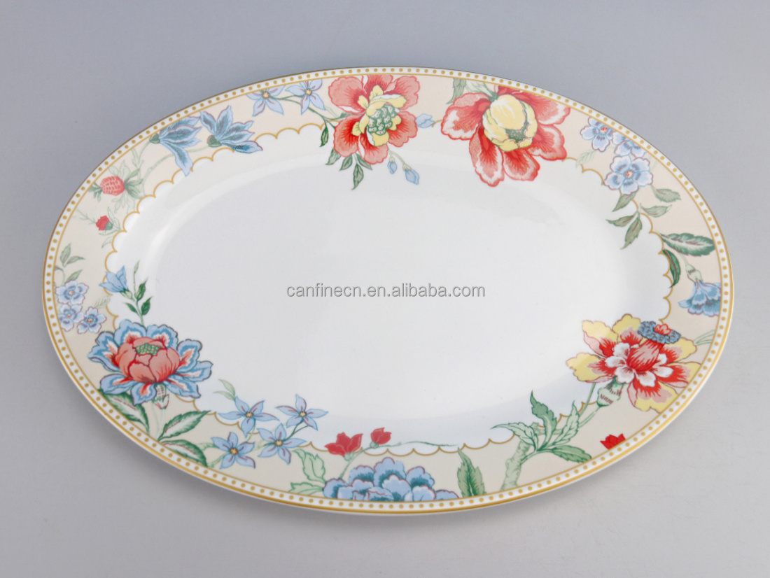 High quality Restaurant Flower Decal Printed Ceramic Gold Rim Plates