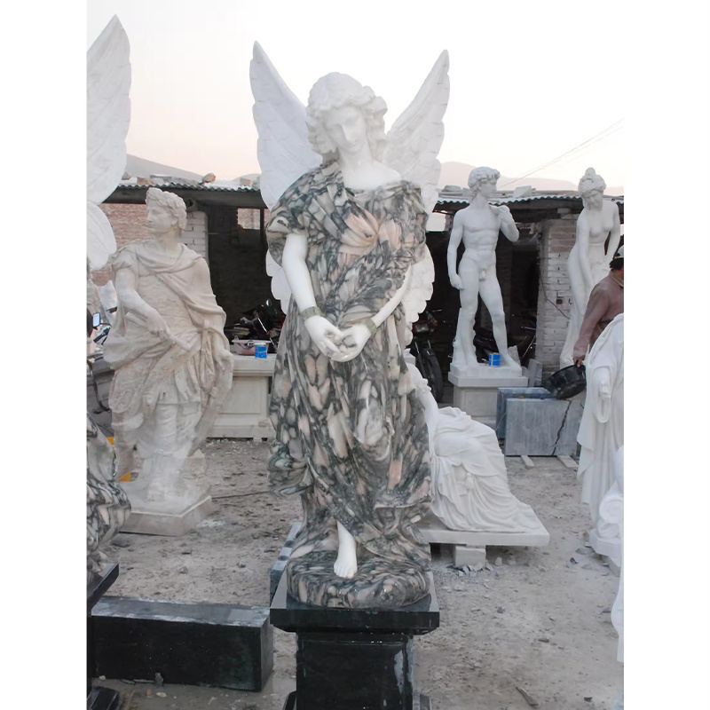 Hand Carved Natural Stone Western Marble Angel With Flower Statue