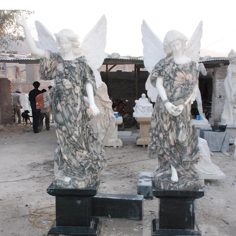 Hand Carved Natural Stone Western Marble Angel With Flower Statue