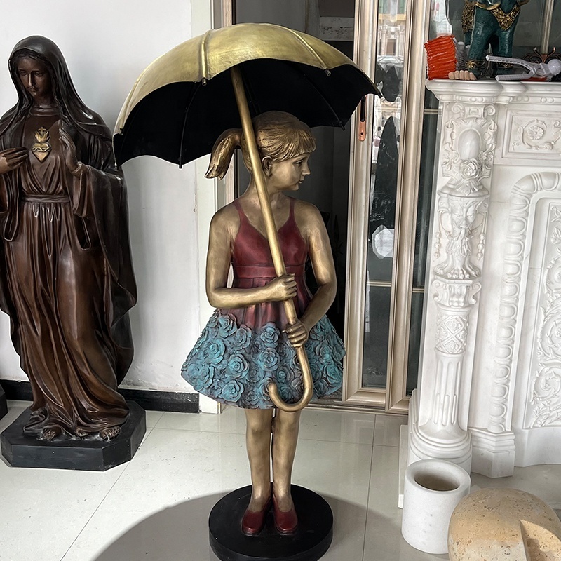 Metal Art Casting Brass Life Size Bronze Kids Sculpture Girls With Umbrella Statue Water Fountain