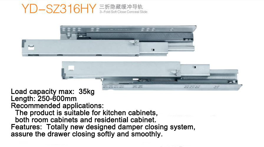 YOUDO Hidden Slide 3 Fold Full Extension Drawer Slide Telescopic Channel Drawers Guides Undermount Concealed Drawer Slides