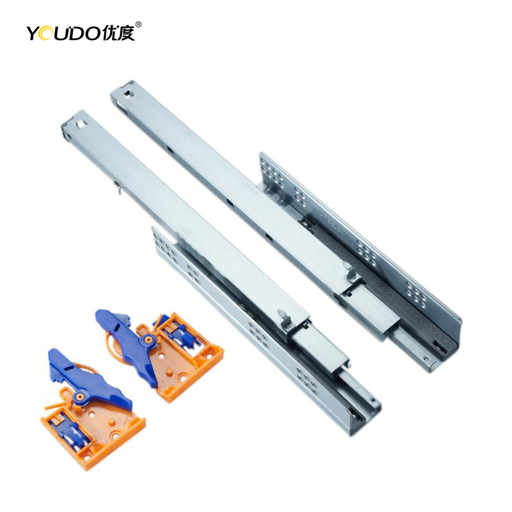 YOUDO Telescopic Hidden Bottom Mount Drawer Slide 3 Fold Auto Closing Conceal Channel Drawer Slide Rail