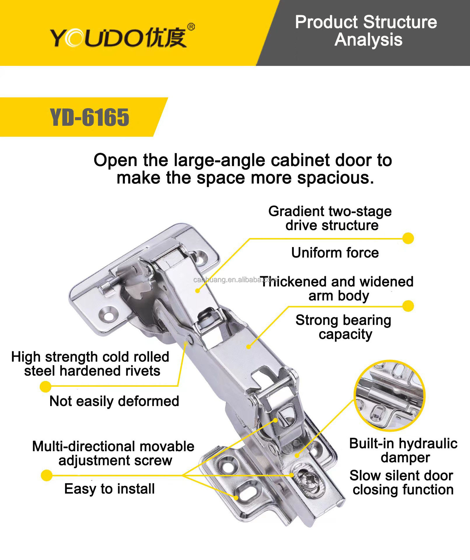 YOUDO Iron Special Angle Furniture Hinges One Way Soft Close Hydraulic 30/45/90/135/165 Degree Angle door Hinge