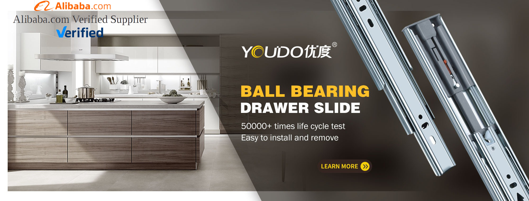 YOUDO Manufacturer 35mm Drawer Guides Channel Soft Closing Heavy Duty 3-Fold Full Extension Rail Drawer Slide