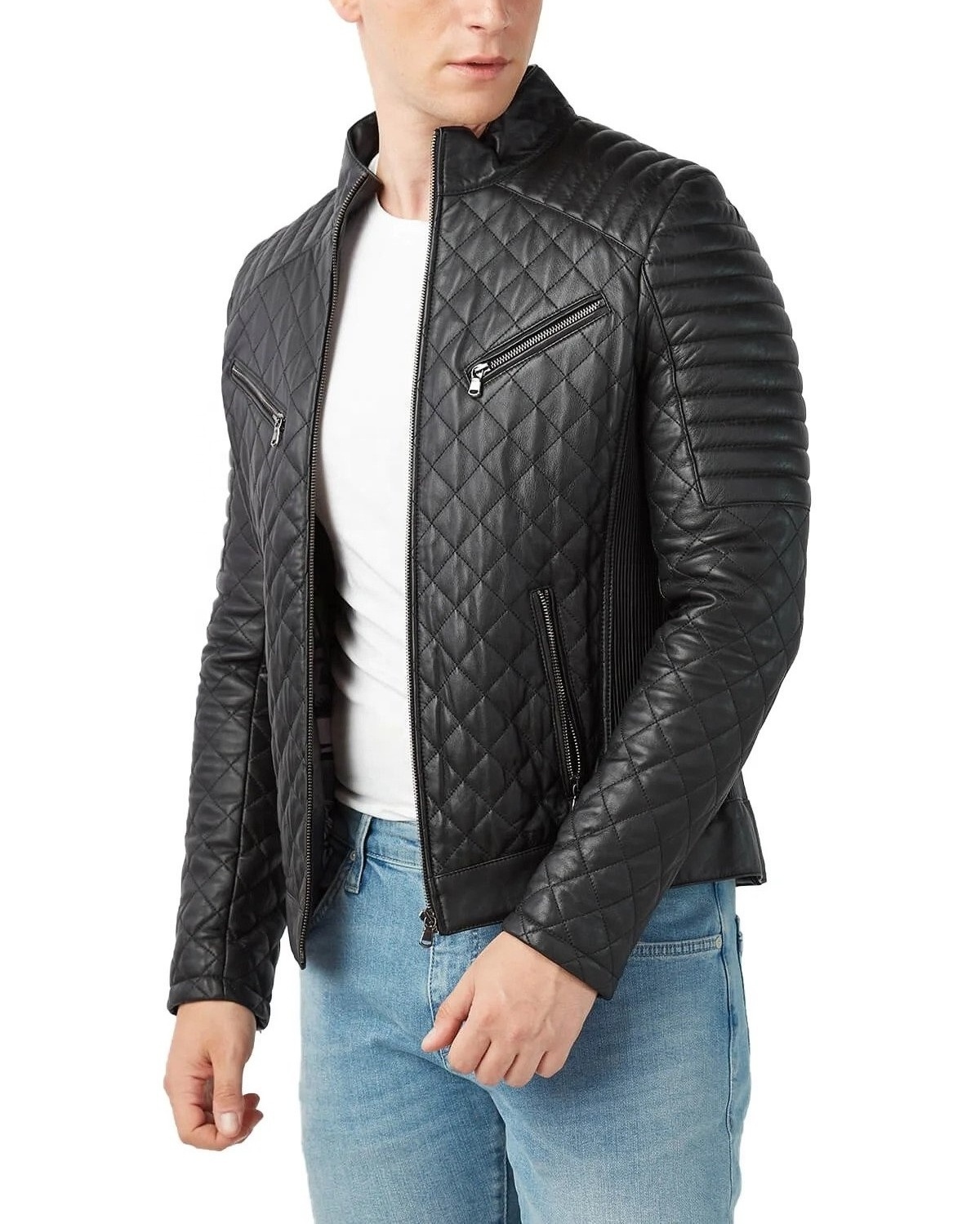 Mens Leather Jackets Custom Windbreaker Clothing Black Casual Outdoor Wear Leather Mens Quilted Black Slim Fit Motorcycle Jacket