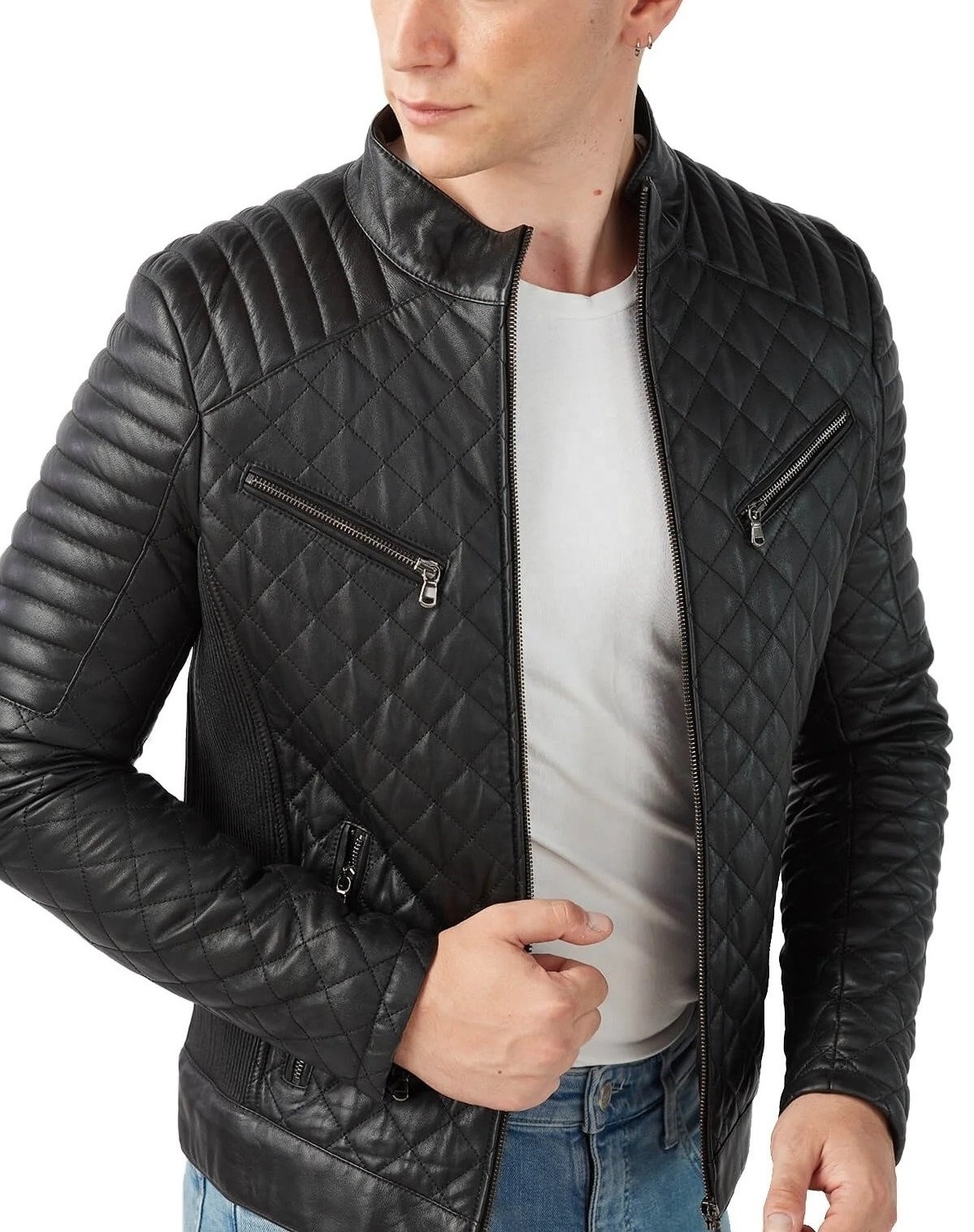 Mens Leather Jackets Custom Windbreaker Clothing Black Casual Outdoor Wear Leather Mens Quilted Black Slim Fit Motorcycle Jacket