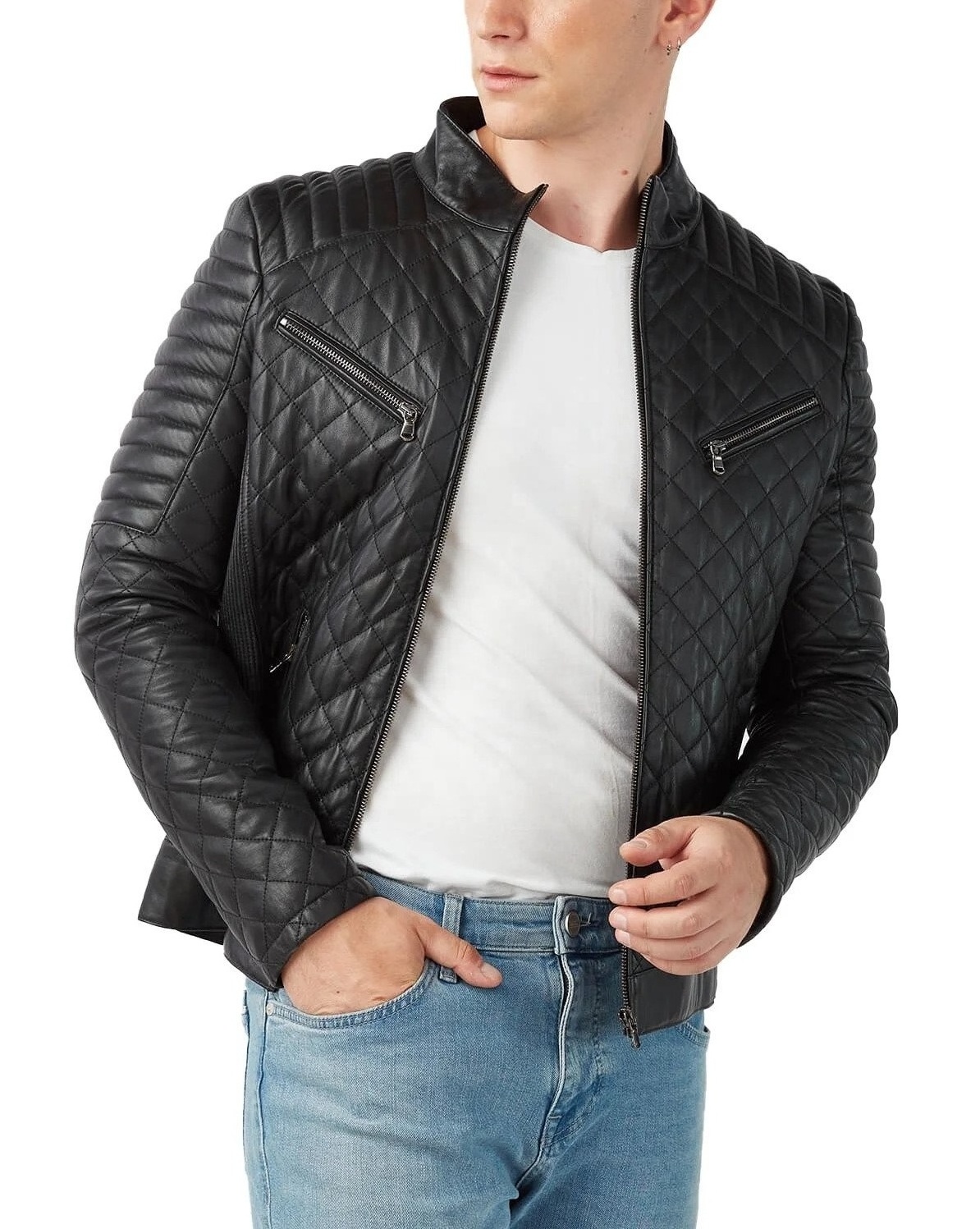 Mens Leather Jackets Custom Windbreaker Clothing Black Casual Outdoor Wear Leather Mens Quilted Black Slim Fit Motorcycle Jacket