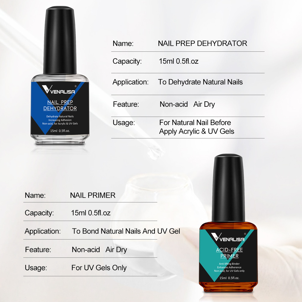 VENALISA 15ml Nail Prep Dehydrator Acid Free Primer set Adhesive Desiccant Acrylic Nails Bonder Gel Balancing Oil Skin Solutions