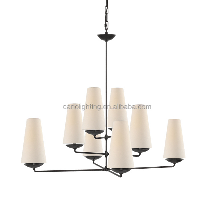 Black Farmhouse Chandelier Modern Metal Ceiling Light Fixture with White Linen Shades Rustic Pendant Lighting