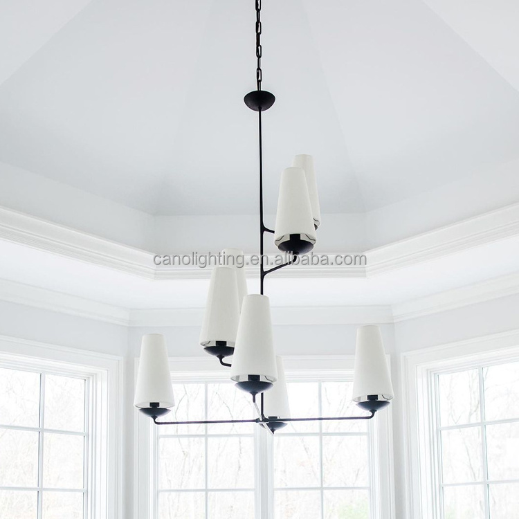 Black Farmhouse Chandelier Modern Metal Ceiling Light Fixture with White Linen Shades Rustic Pendant Lighting