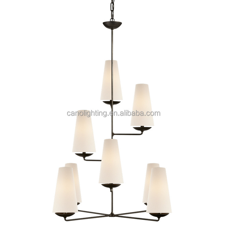 Black Farmhouse Chandelier Modern Metal Ceiling Light Fixture with White Linen Shades Rustic Pendant Lighting