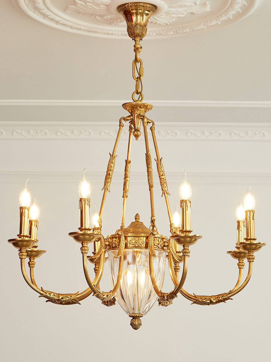 Classical Candle Bulbs 6 Arms Lights Vintage Luxury Solid Brass And Glass Ceiling Lighting Fixture Ceiling Pendant Lamp