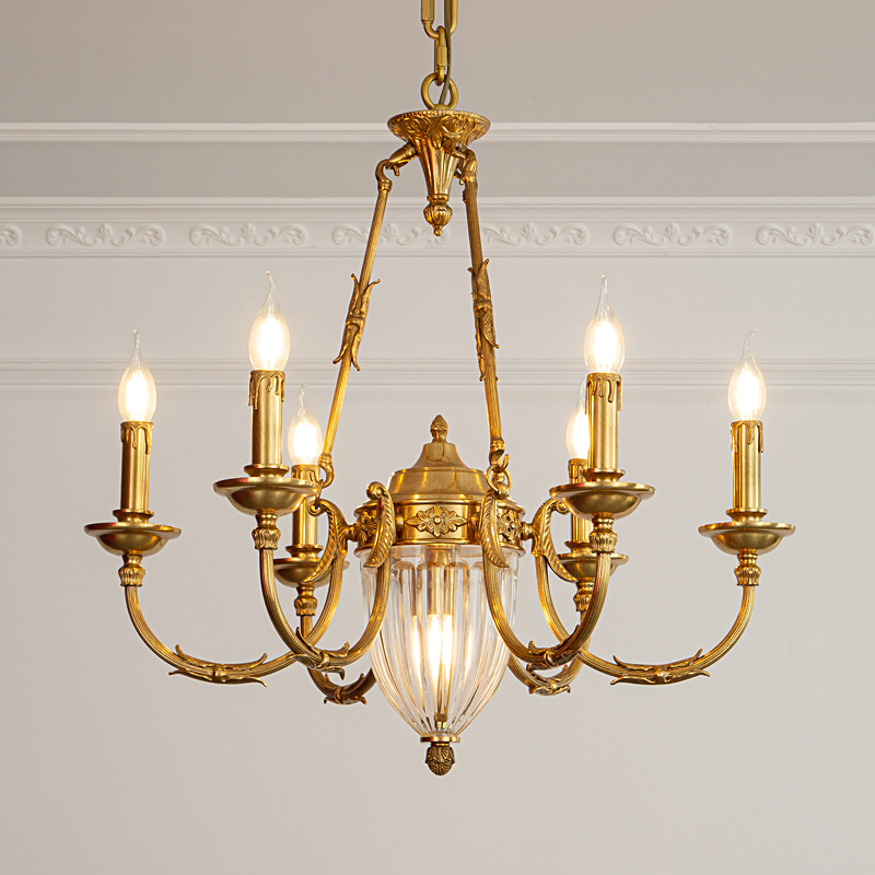 Classical Candle Bulbs 6 Arms Lights Vintage Luxury Solid Brass And Glass Ceiling Lighting Fixture Ceiling Pendant Lamp