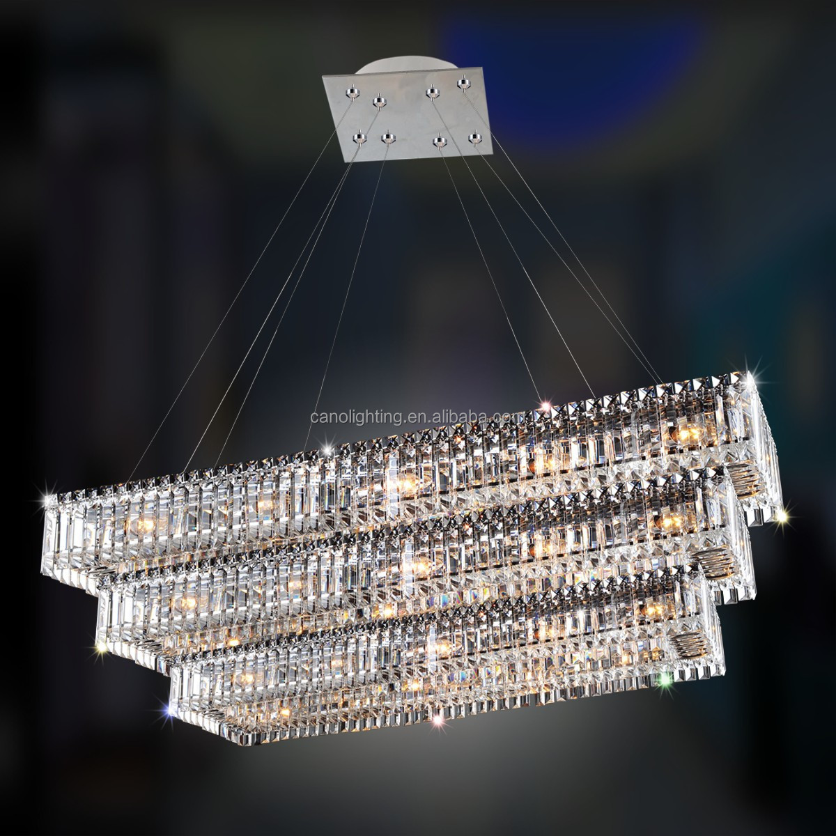 Living room luxury modern crystal rectangular LED pendant lamp adjustable height kitchen island dining chandelier