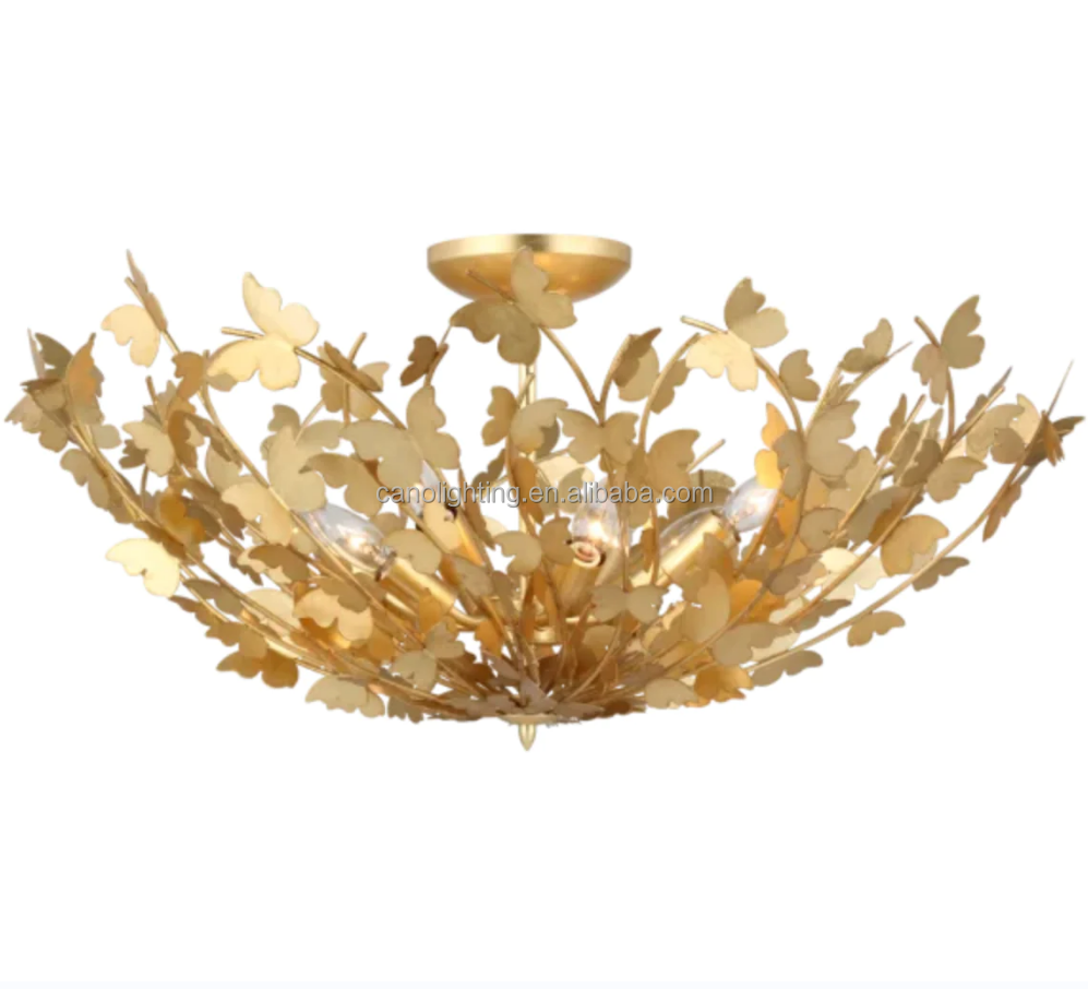 Modern gold brass butterfly leaves art decoration led chandelier ceiling light flush mount