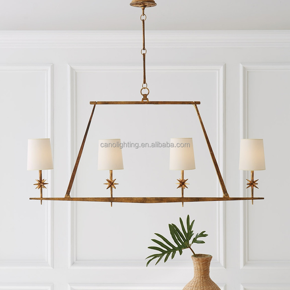 Gold Linear Chandelier for Dining Room 4 Lights Modern Farmhouse Kitchen Island Lighting Fixture with White Linen Fabric Shades