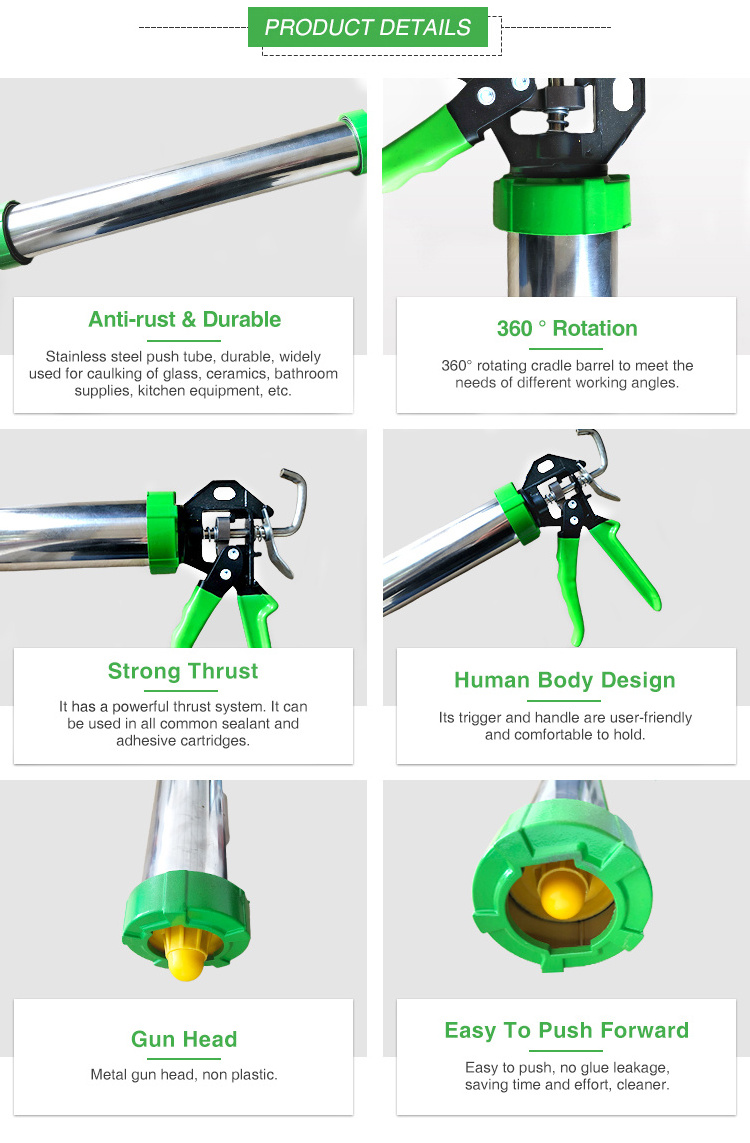 Professional Silicone Gun 600ml Caulking Gun for Sealant JUHUAN Glue Gun 9 Inch Construction Building Smooth Rod 600ml 1:1 Green