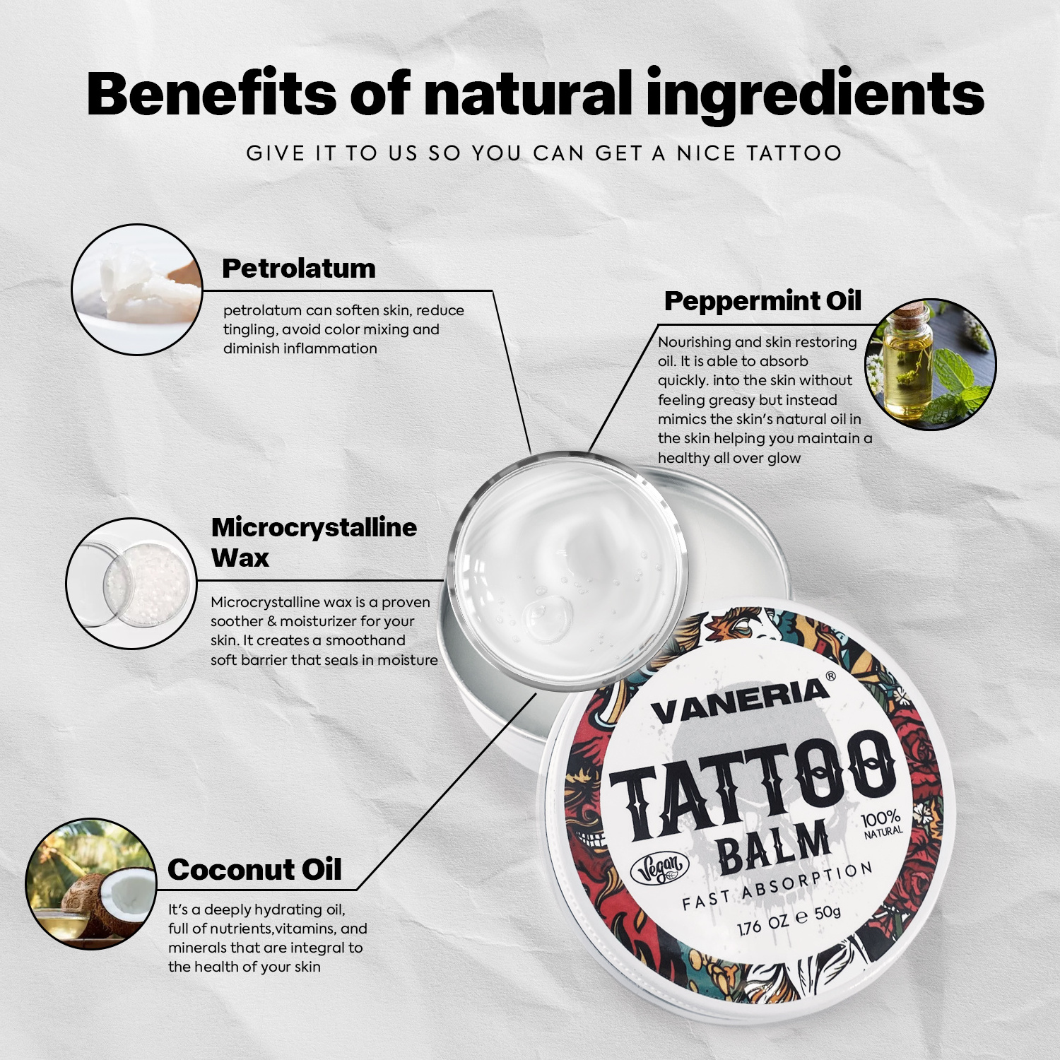 VANERIA Tattoo Aftercare Organic Soothing Repair Skin Tattoo Cream Private Label Custom Tattoo Removal Cream