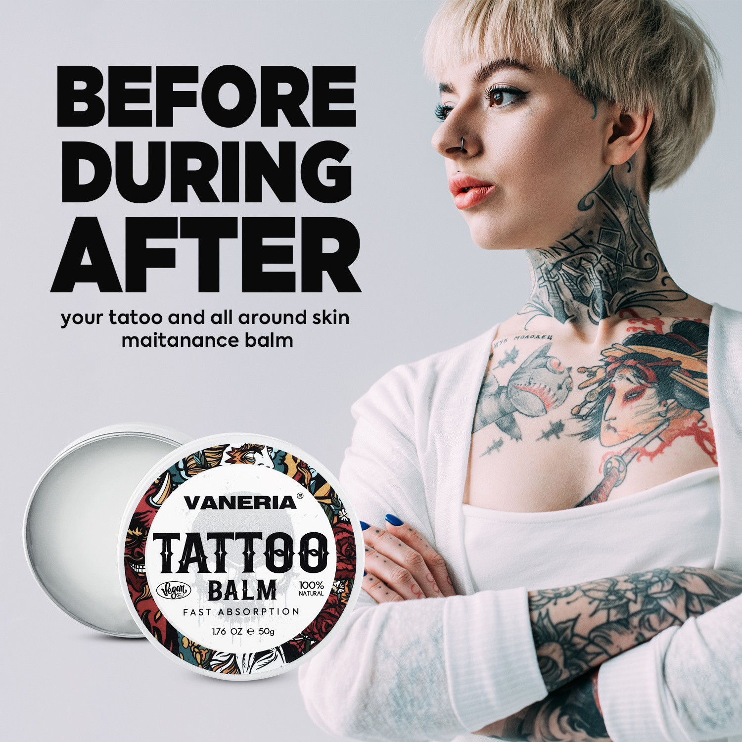 VANERIA Tattoo Aftercare Organic Soothing Repair Skin Tattoo Cream Private Label Custom Tattoo Removal Cream