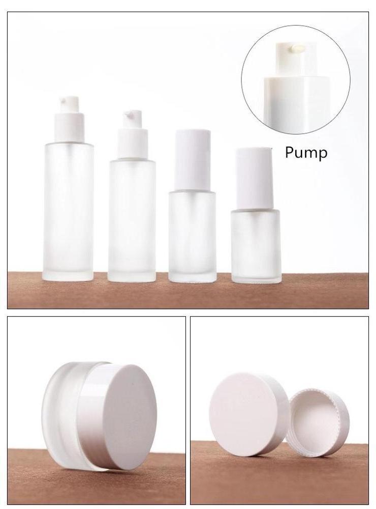 20ml30ml40ml peal white spray/pump frosted cosmetics glass bottle packing set 60ml80ml100ml120ml