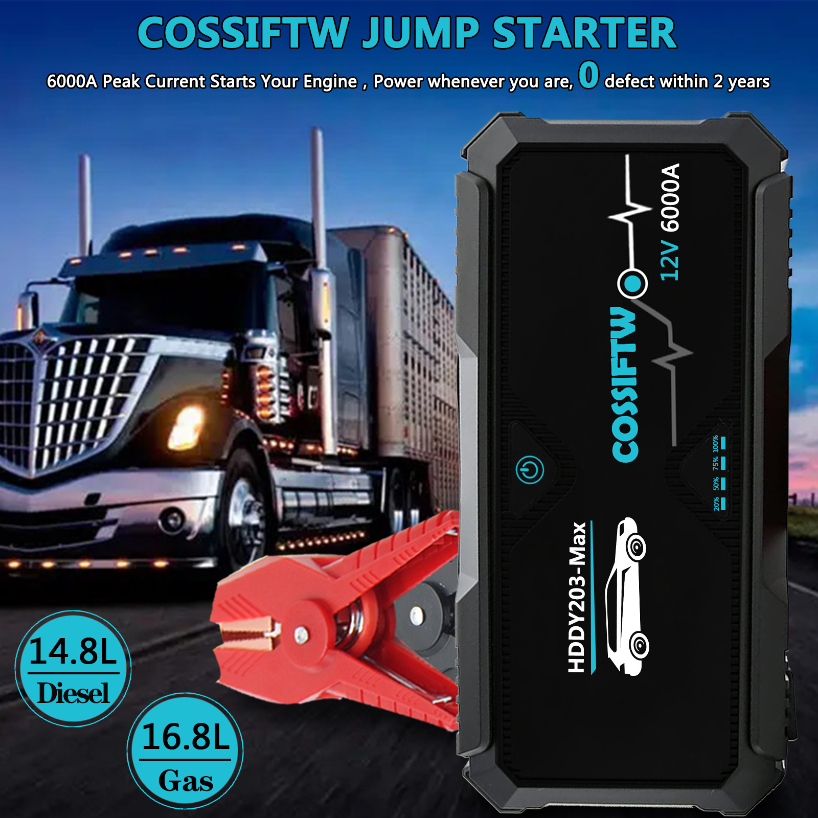 COSSIFTW 12V Car Booster 6000A Jump Starter 30000 mAh Portable Power Station For 16.8L Gasoline engine 14.8.0L Diesel engine