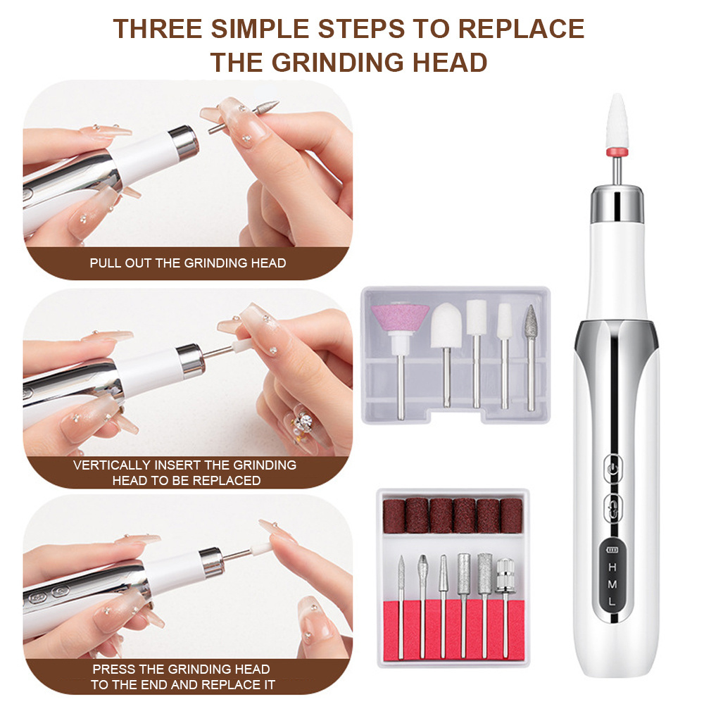 Portable Rechargeable USB Powered Manicure Kit Cordless Ceramic Nail Drill Bits and Sanding Bands for Acrylic Nails Grinder