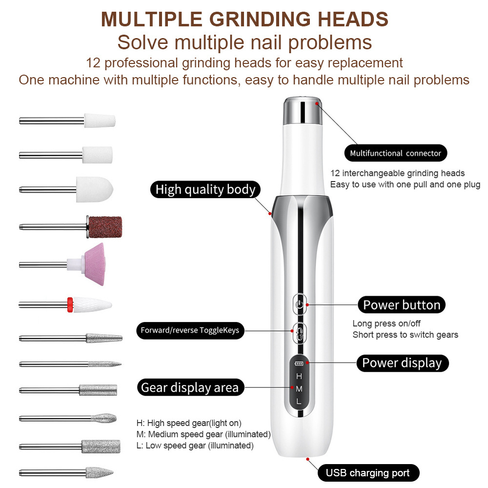 Portable Rechargeable USB Powered Manicure Kit Cordless Ceramic Nail Drill Bits and Sanding Bands for Acrylic Nails Grinder