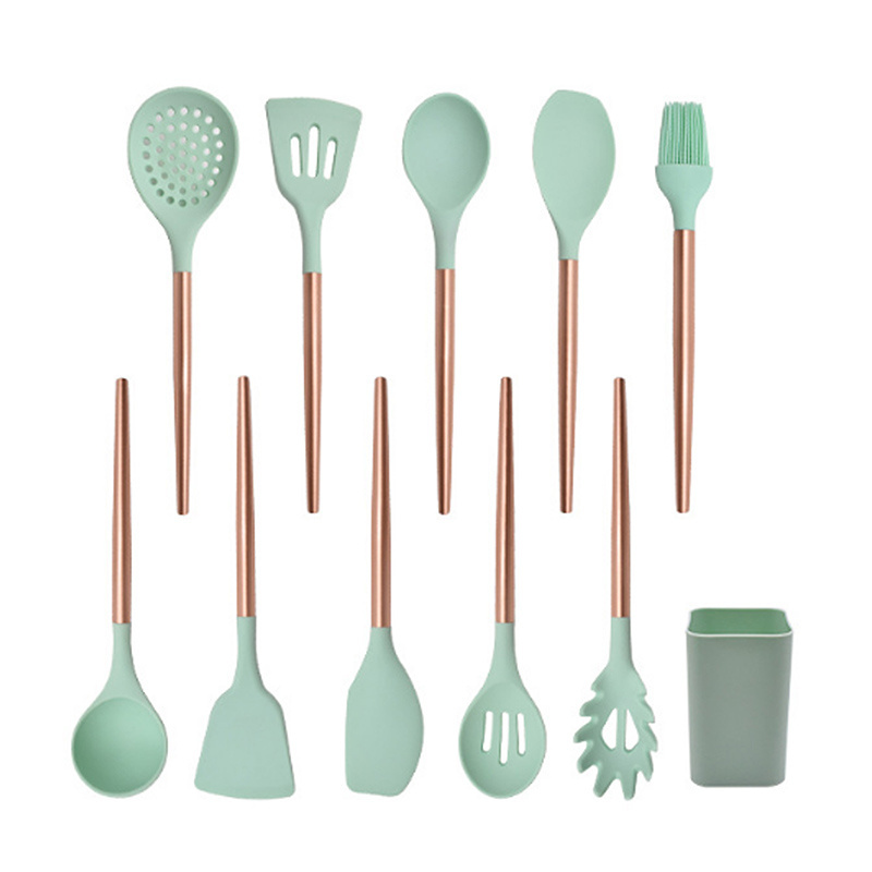 Kitchen 11pcs rose gold handle silicone cooking tool utensils cookware with plastic holder