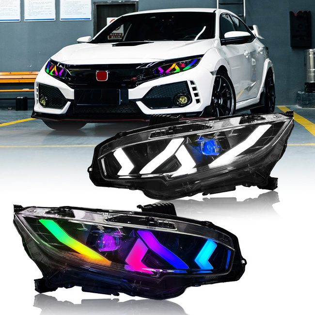 TT-ABC RGB Style APP Control  LED DRL Lamp Headlight for Honda Civic 2016-2020 Xenon Projector Lens Signal Head Lamp