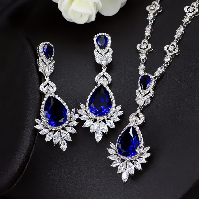 CAOSHI Silver 925 Blue Zircon White Crystal Women Earrings Necklace High Quality Bridal Wedding jewelry Sets