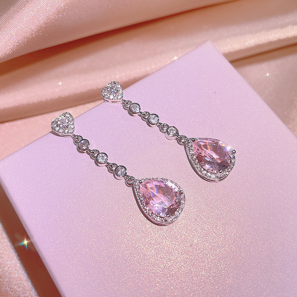 CAOSHI Bling 3 Pcs Set Luxury Pink Diamond Water Drop Earrings Necklace Set Heart CZ Zircon Jewelry Set For Wedding