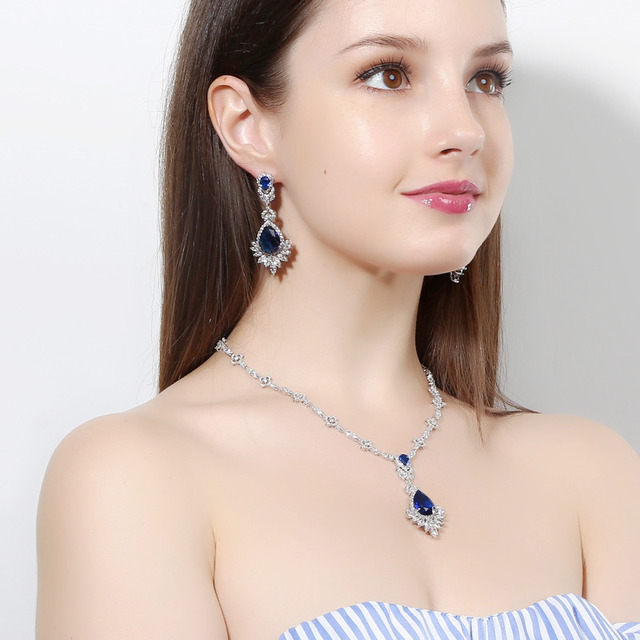 CAOSHI Silver 925 Blue Zircon White Crystal Women Earrings Necklace High Quality Bridal Wedding jewelry Sets