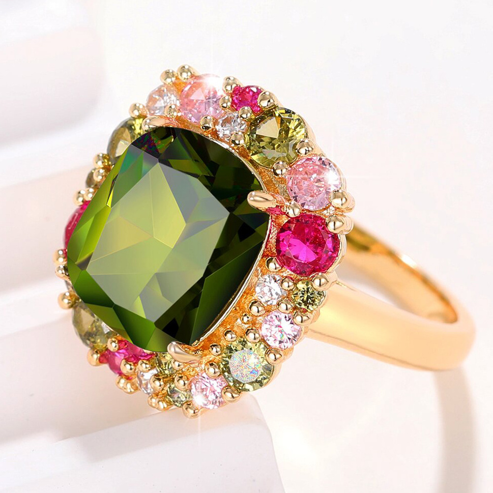 CAOSHI Green Stone Customize Cushion Cut Rings Women 4 Claws Colorful Gemstone Banquet Gold Plated Crystal Rings