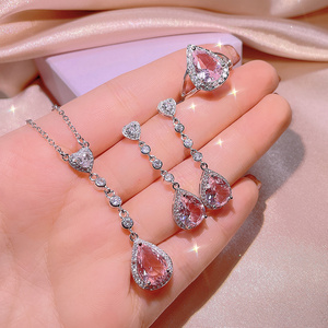 CAOSHI Bling 3 Pcs Set Luxury Pink Diamond Water Drop Earrings Necklace Set Heart CZ Zircon Jewelry Set For Wedding