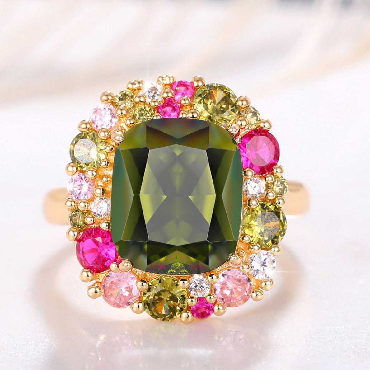 CAOSHI Green Stone Customize Cushion Cut Rings Women 4 Claws Colorful Gemstone Banquet Gold Plated Crystal Rings