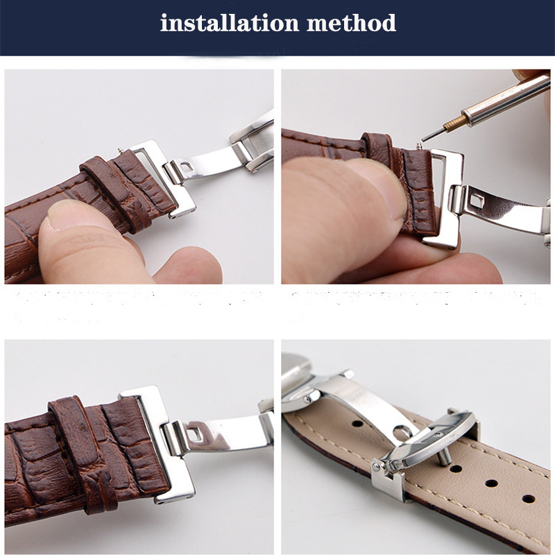 CAOWTAN Butterfly Deployment Clasp Watch Strap 18mm 20mm 22mm Stainless Steel Solid Double Push Button Fold Watch Buckle