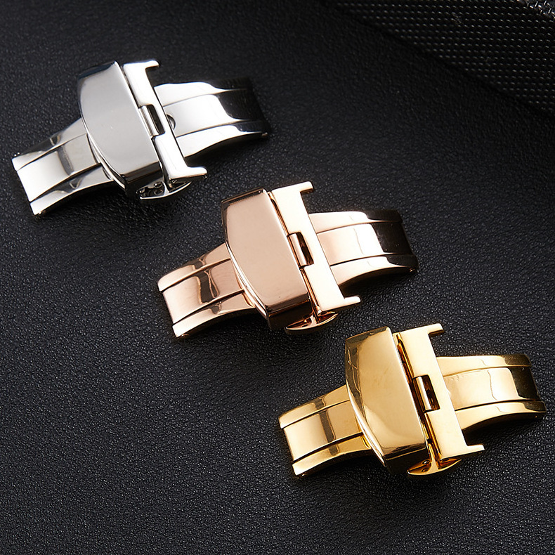 CAOWTAN Butterfly Deployment Clasp Watch Strap 18mm 20mm 22mm Stainless Steel Solid Double Push Button Fold Watch Buckle