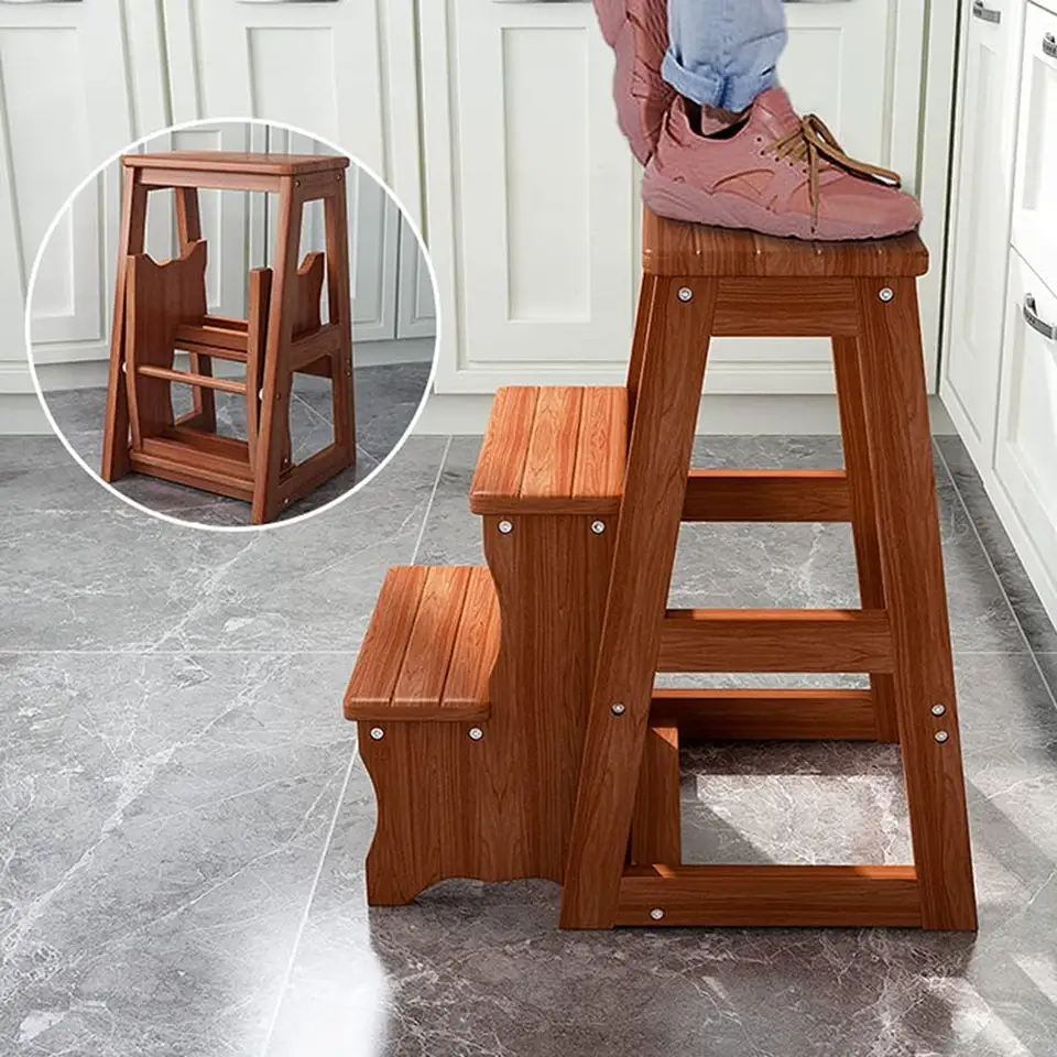 Folding Step Ladder Wooden 3 Step Kitchen Wooden Ladders Small Foot Stools Indoor Portable Shoe Bench Flower Rack Closet