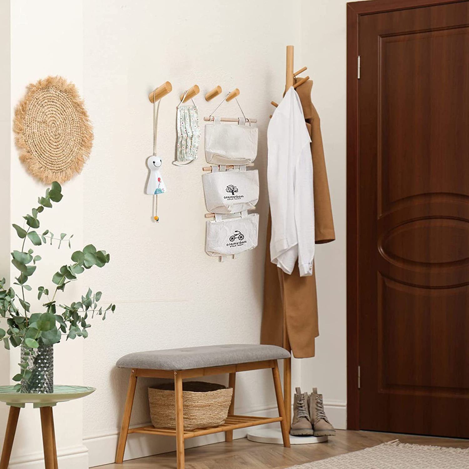 Wooden wall hook, 4-piece natural coat hook for hanging bathroom towel clothes hanger