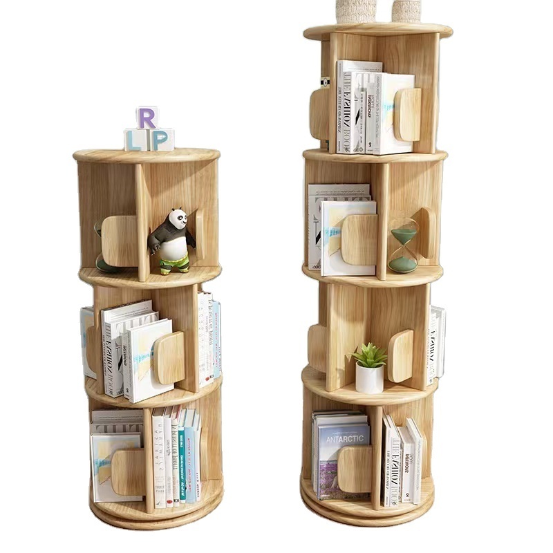 All solid wood rubber wood rotating bookcase shelves children's toy storage cabinet