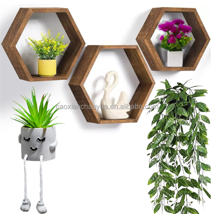 Set of 3 Large wood square wall cube shelves for Home Wooden Hexagon Floating Shelves wooden wall shelf