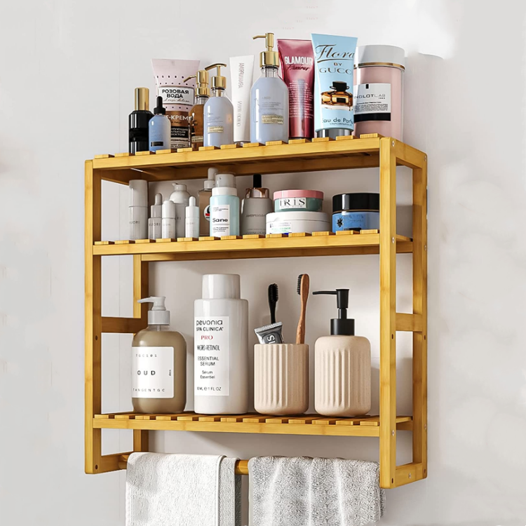 bamboo adjustable 3 tiers plant shelf over the toilet storage with hanging rod