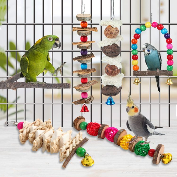 6 Pack Bird Cage Accessories Wooden Chew Toys Perch Stand Bird Perch Bird Toys parakeet toys