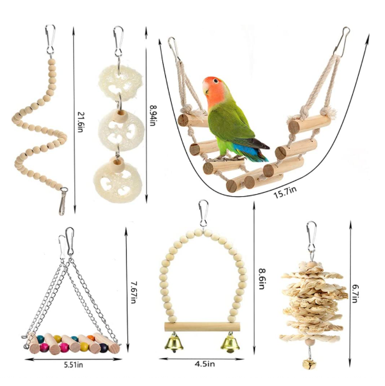 18 Pieces Bird Cage Accessories Toy Perch Ladder Pet Chew Toys  Hammock For Parakeets Cockatiels