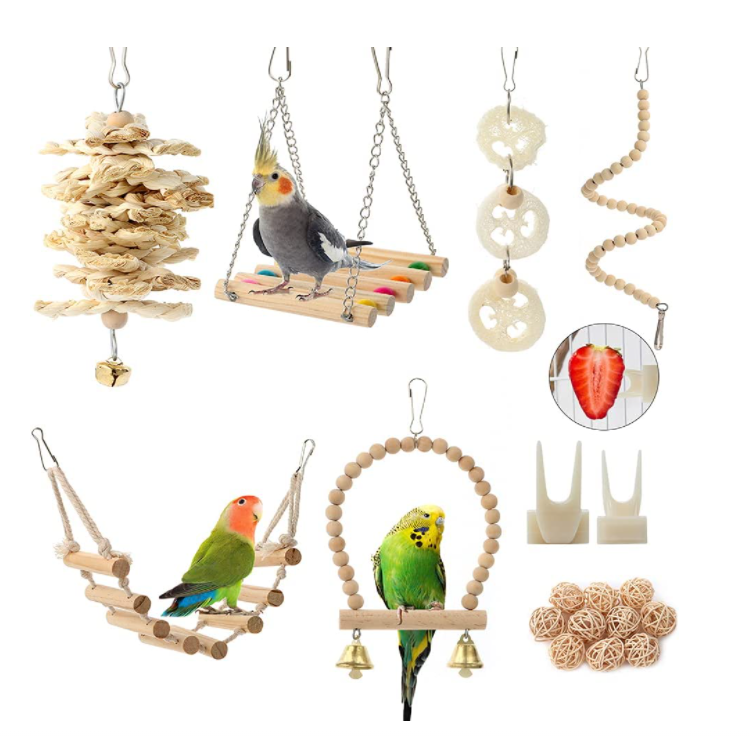 18 Pieces Bird Cage Accessories Toy Perch Ladder Pet Chew Toys  Hammock For Parakeets Cockatiels