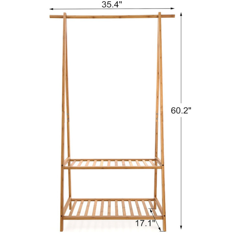 Bamboo Clothes Rack Portable Extra Large Garment Rack 2-Tire Storage Box Shelves For Entryway