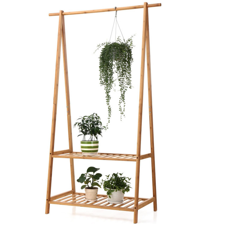 Bamboo Clothes Rack Portable Extra Large Garment Rack 2-Tire Storage Box Shelves For Entryway