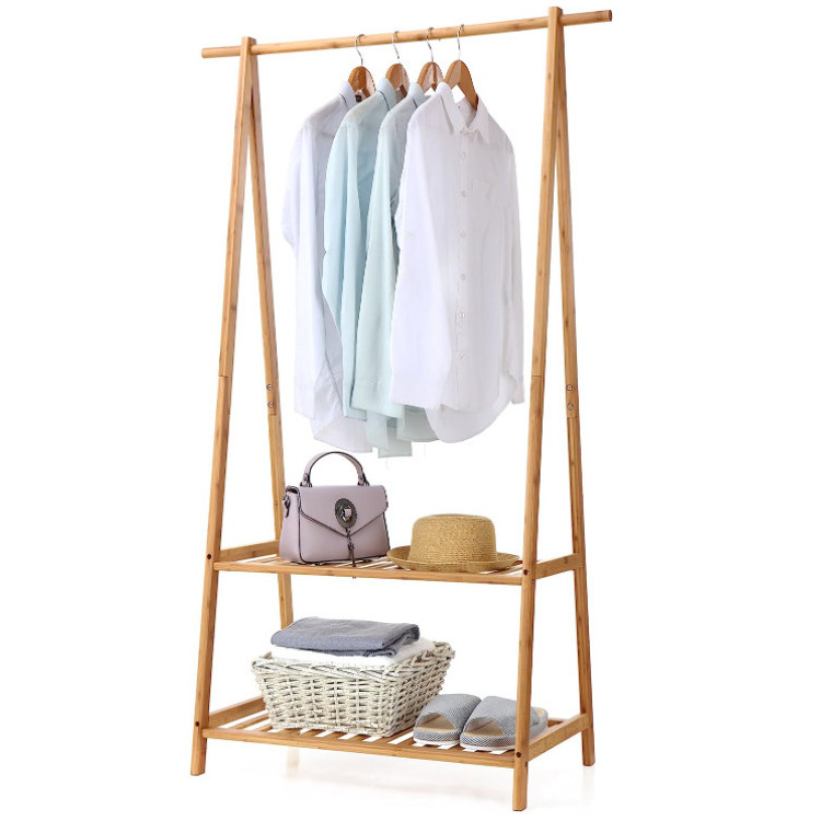 Bamboo Clothes Rack Portable Extra Large Garment Rack 2-Tire Storage Box Shelves For Entryway