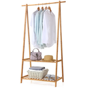 Bamboo Clothes Rack Portable Extra Large Garment Rack 2-Tire Storage Box Shelves For Entryway