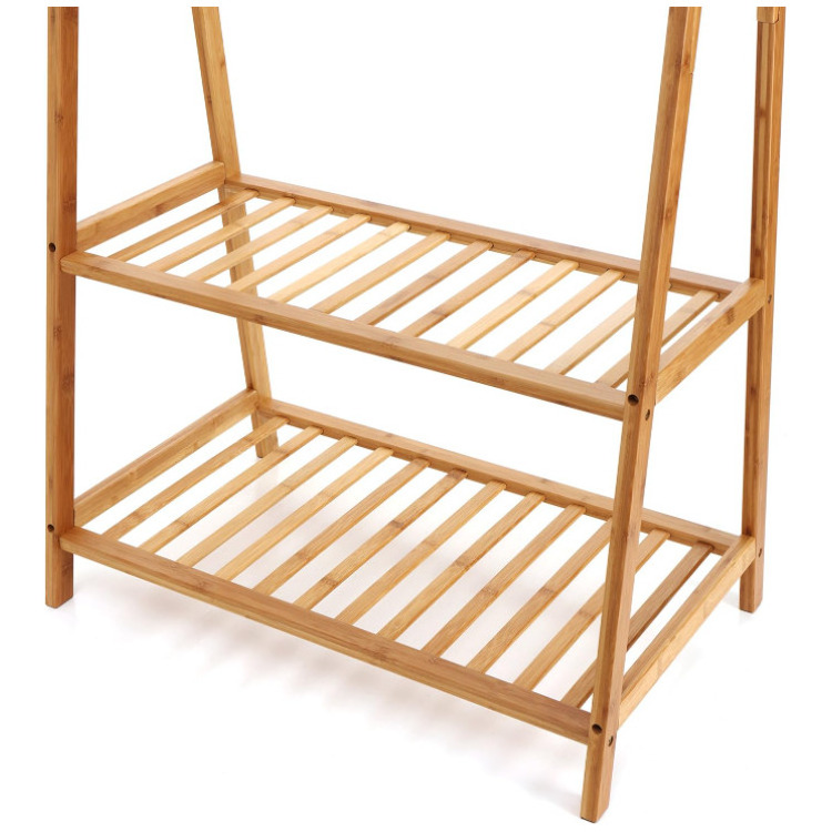 Bamboo Clothes Rack Portable Extra Large Garment Rack 2-Tire Storage Box Shelves For Entryway